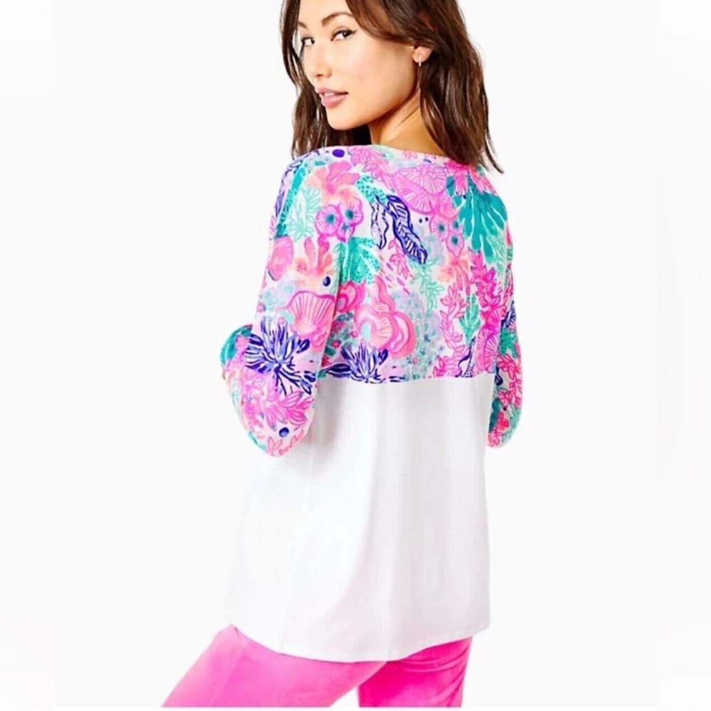 Lilly Pulitzer Women's Finn Top Seaside Carnivale Long Sleeve Pink White Size M - Picture 2 of 7
